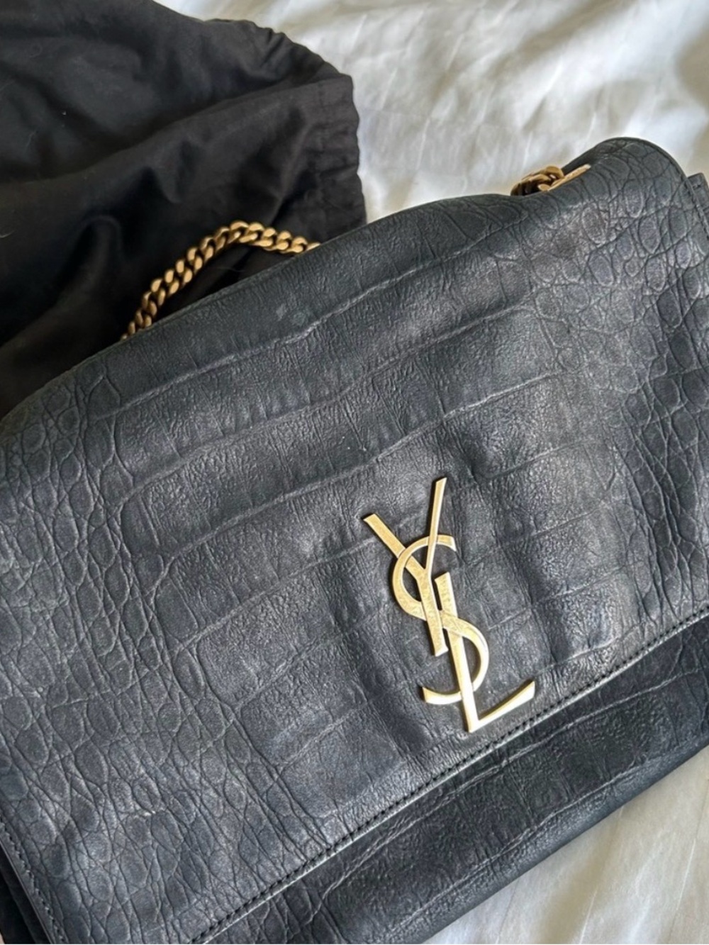 RARE Authentic Yves Saint Laurent Black Suede and Croc Reversible Kate